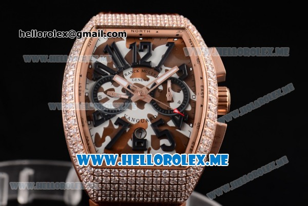 Franck Muller Vanguard Miyota OS20 Quartz Rose Gold Case with Brown/White Dial Brown Leather Strap Arabic Numeral Markers and Diamonds Bezel - Click Image to Close